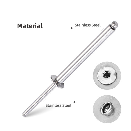 Extra Long Blind Rivets 1/4" (6.4mm) Diameter,Stainless Steel