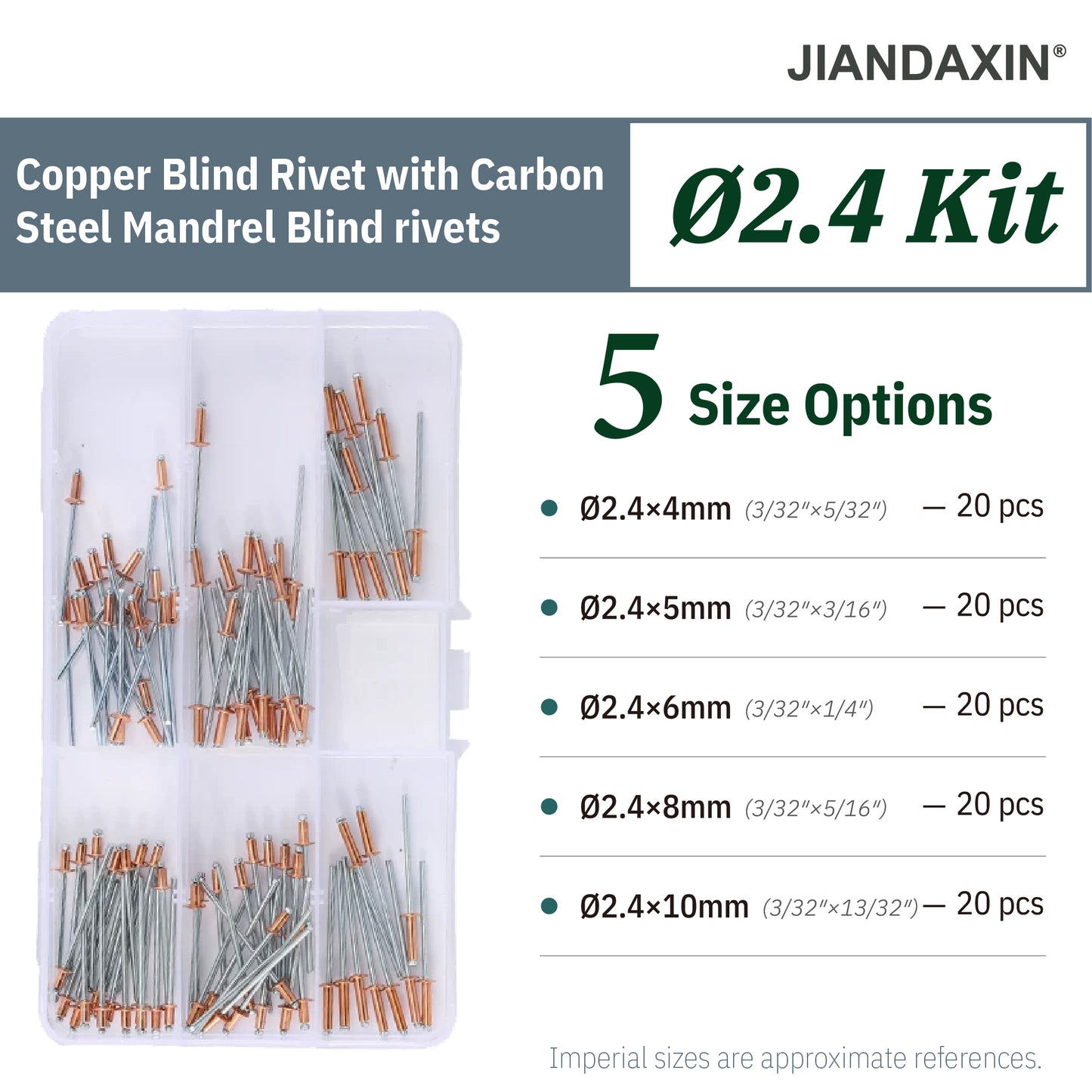 Copper Blind Rivet Assortment Kit with Zinc-Plated Steel Mandrels