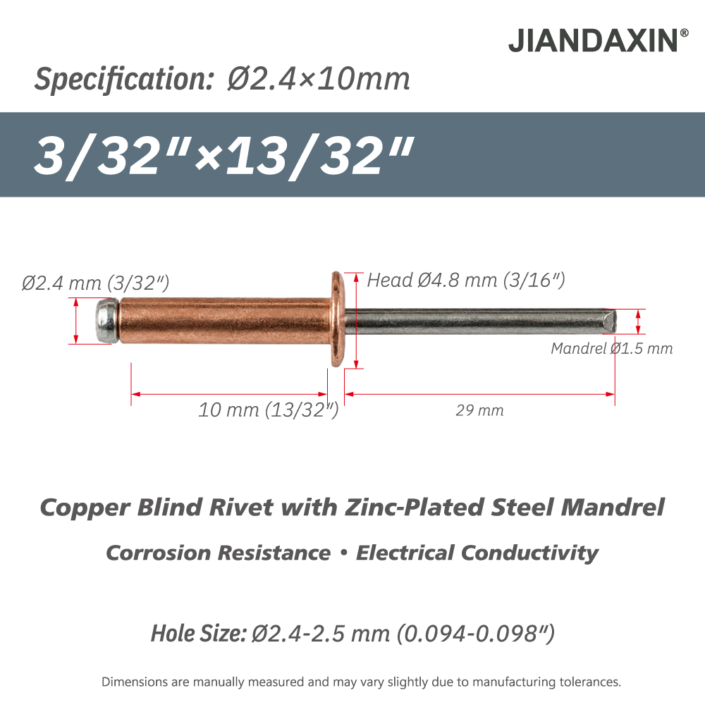 Copper Blind Rivets with Zinc-Plated Steel Mandrel, Open-End Dome Head
