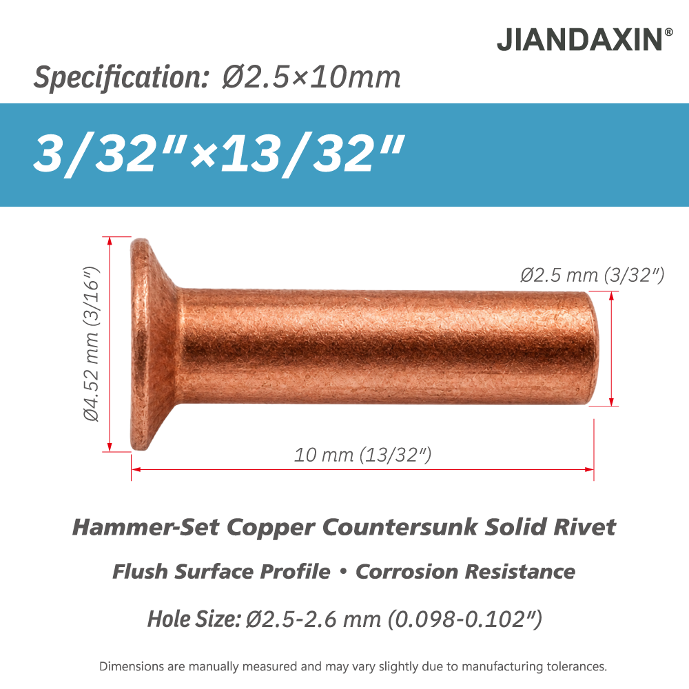 Pure Copper Countersunk Solid Rivets – Hammer-Set