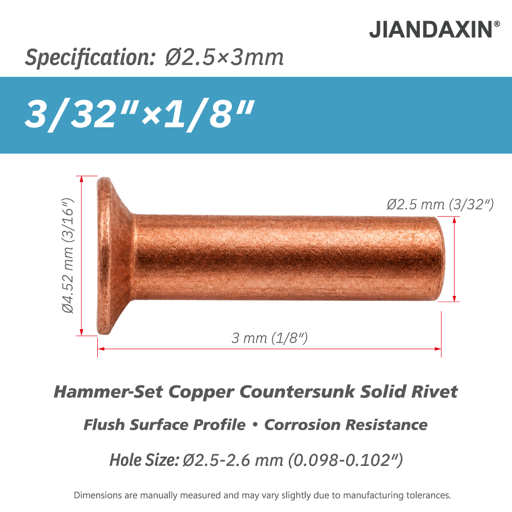 Pure Copper Countersunk Solid Rivets – Hammer-Set