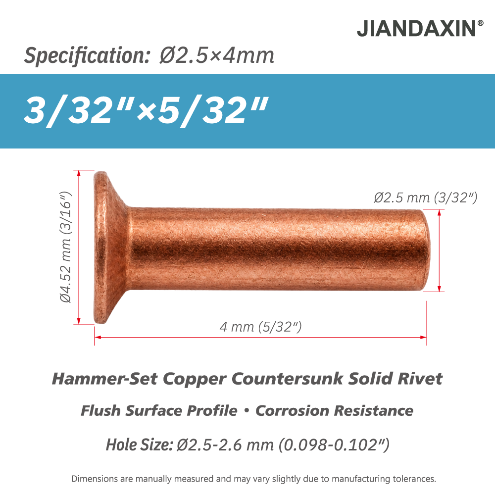 Pure Copper Countersunk Solid Rivets – Hammer-Set