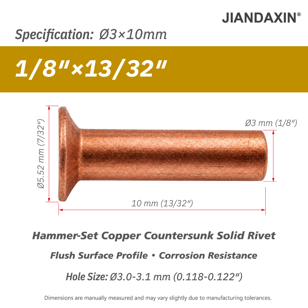 Pure Copper Countersunk Solid Rivets – Hammer-Set