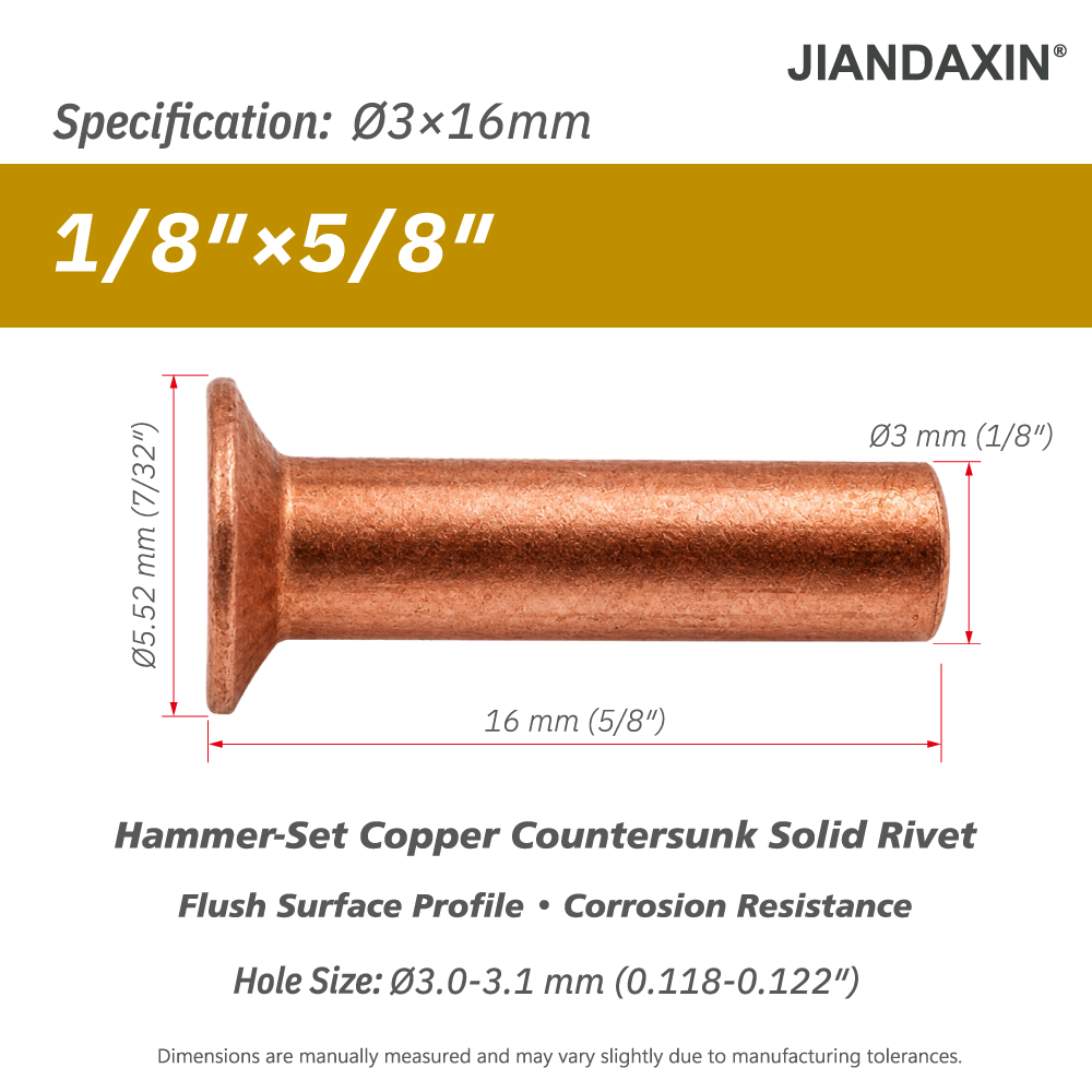 Pure Copper Countersunk Solid Rivets – Hammer-Set