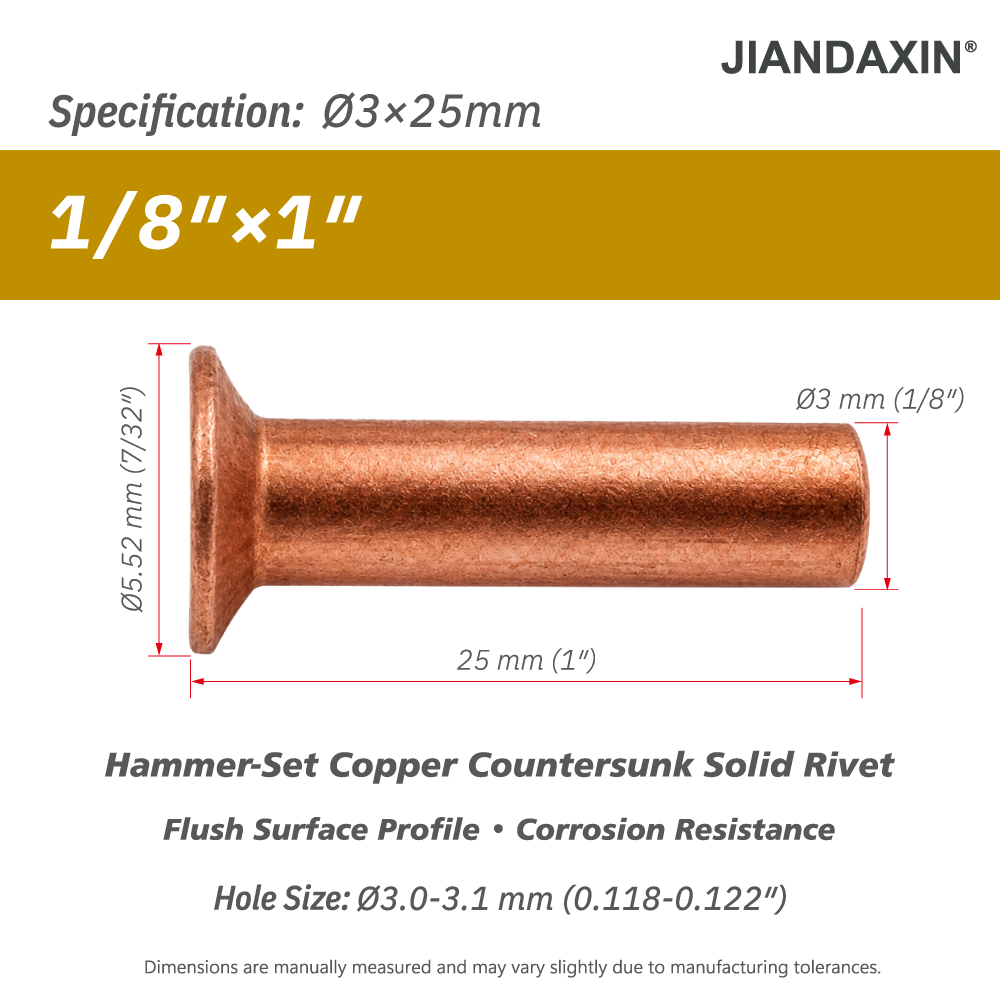 Pure Copper Countersunk Solid Rivets – Hammer-Set