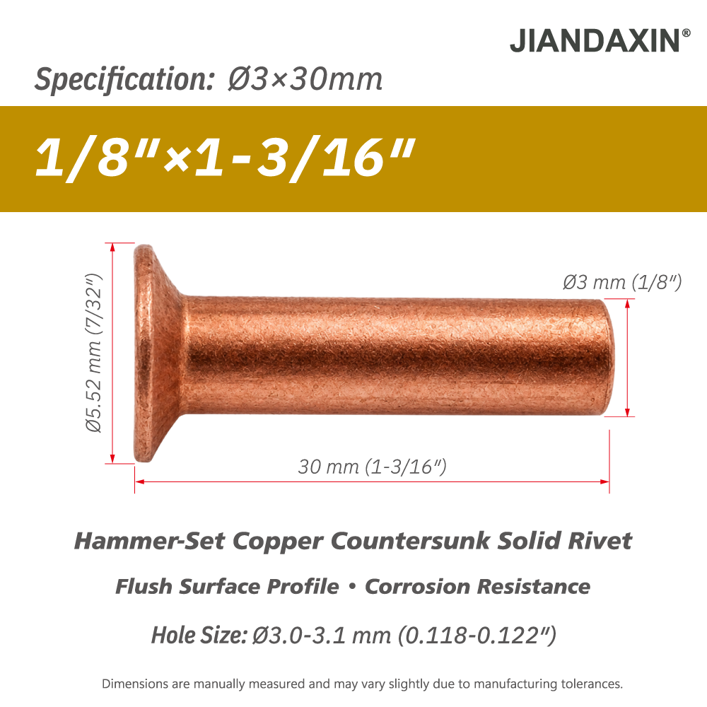 Pure Copper Countersunk Solid Rivets – Hammer-Set