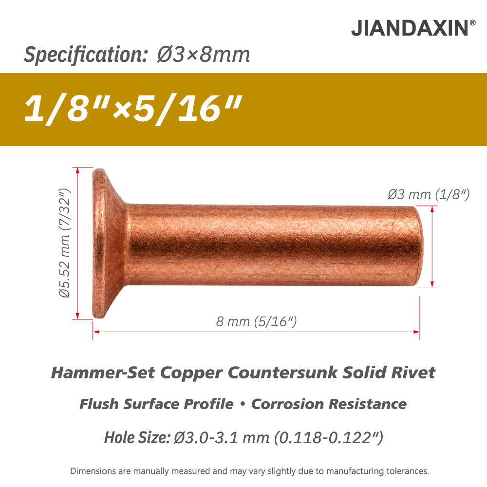 Pure Copper Countersunk Solid Rivets – Hammer-Set