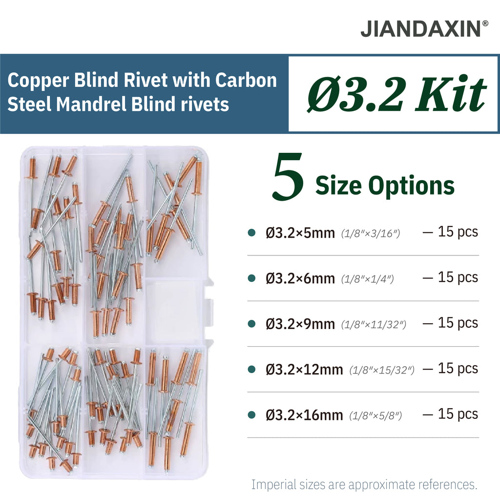 Copper Blind Rivet Assortment Kit with Zinc-Plated Steel Mandrels