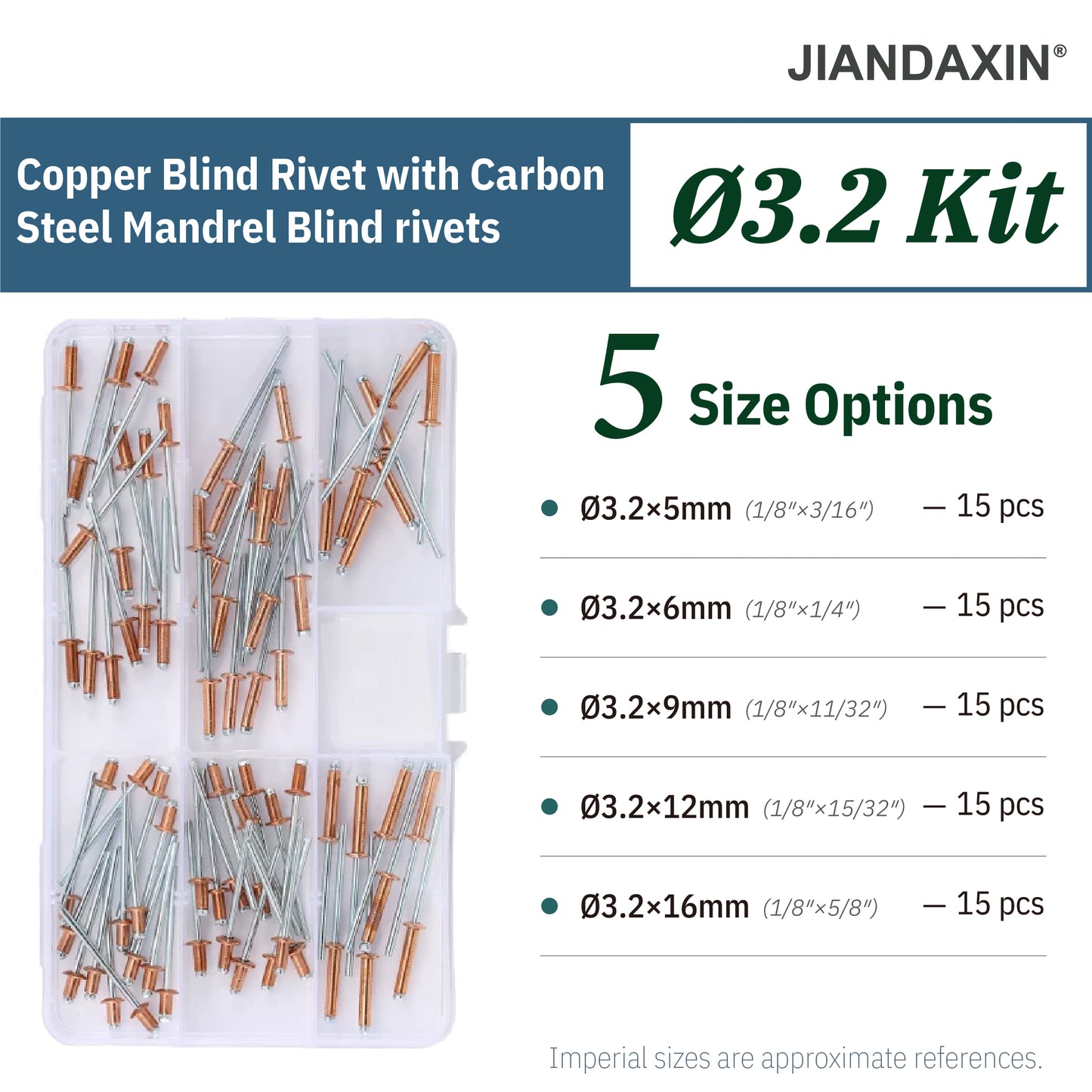 Copper Blind Rivet Assortment Kit with Zinc-Plated Steel Mandrels