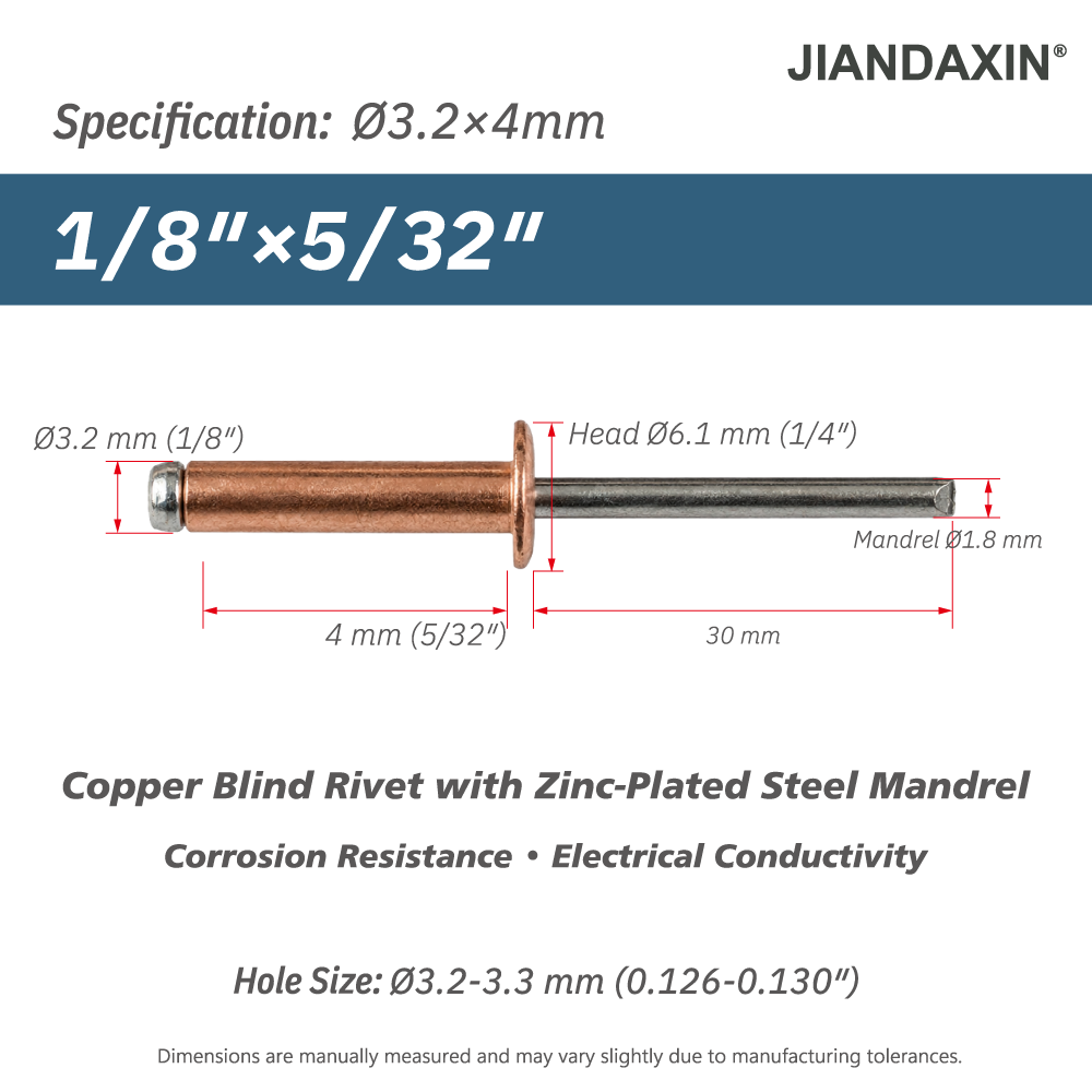 Copper Blind Rivets with Zinc-Plated Steel Mandrel, Open-End Dome Head