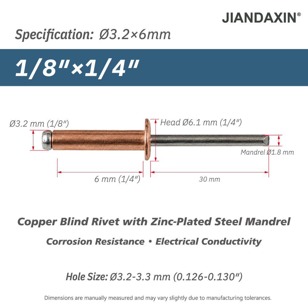 Copper Blind Rivets with Zinc-Plated Steel Mandrel, Open-End Dome Head