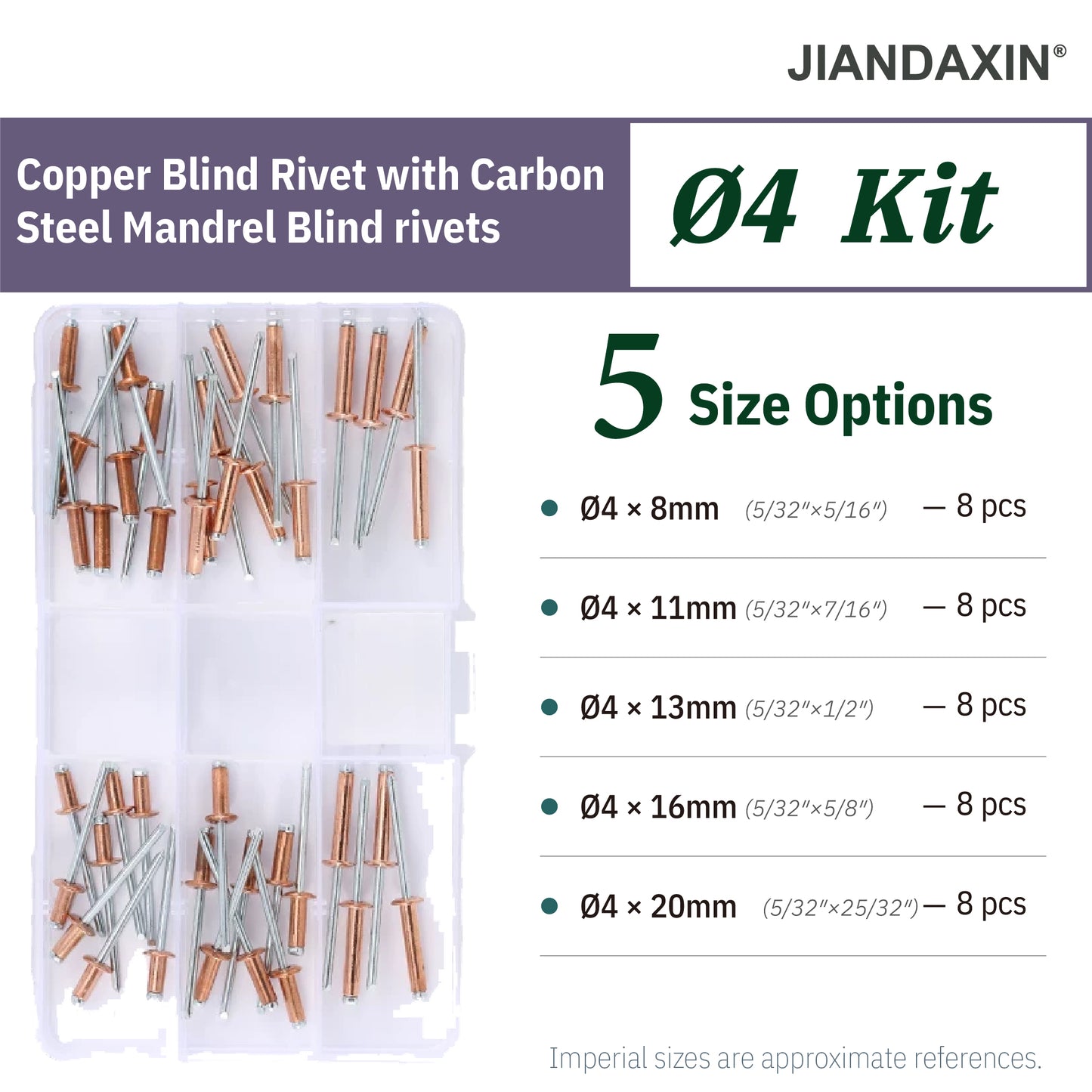 Copper Blind Rivet Assortment Kit with Zinc-Plated Steel Mandrels