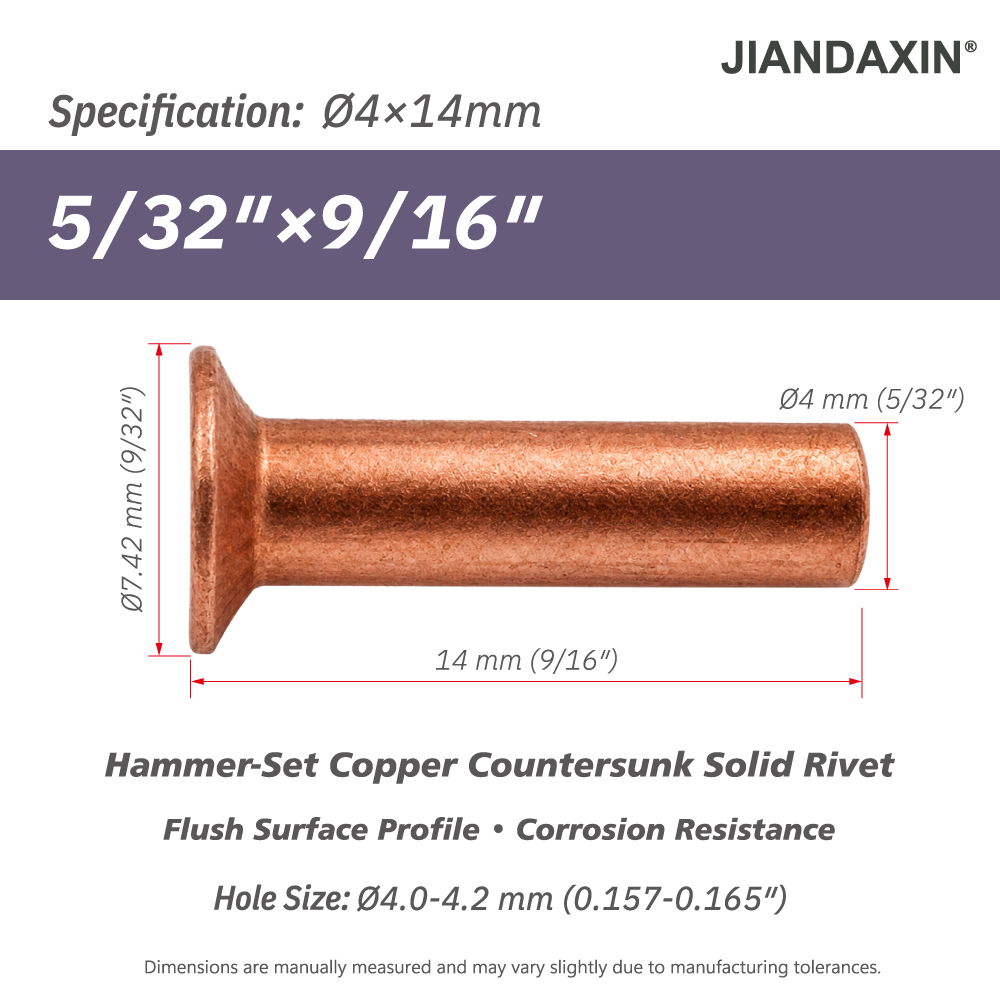 Pure Copper Countersunk Solid Rivets – Hammer-Set