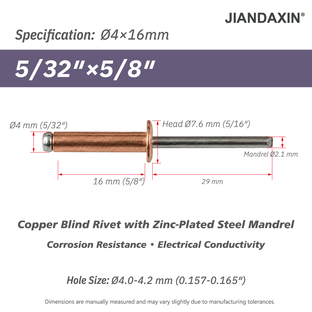 Copper Blind Rivets with Zinc-Plated Steel Mandrel, Open-End Dome Head