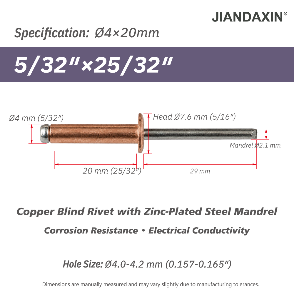 Copper Blind Rivets with Zinc-Plated Steel Mandrel, Open-End Dome Head