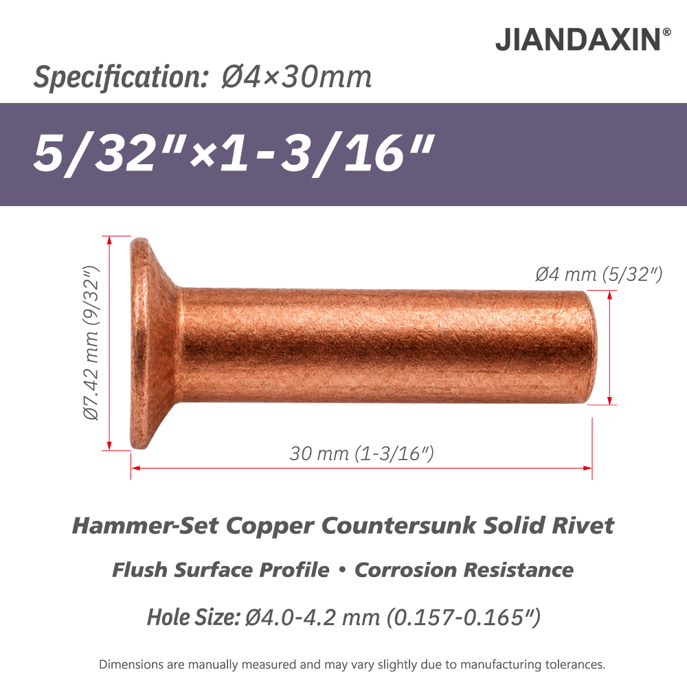 Pure Copper Countersunk Solid Rivets – Hammer-Set