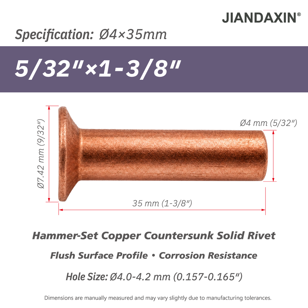 Pure Copper Countersunk Solid Rivets – Hammer-Set