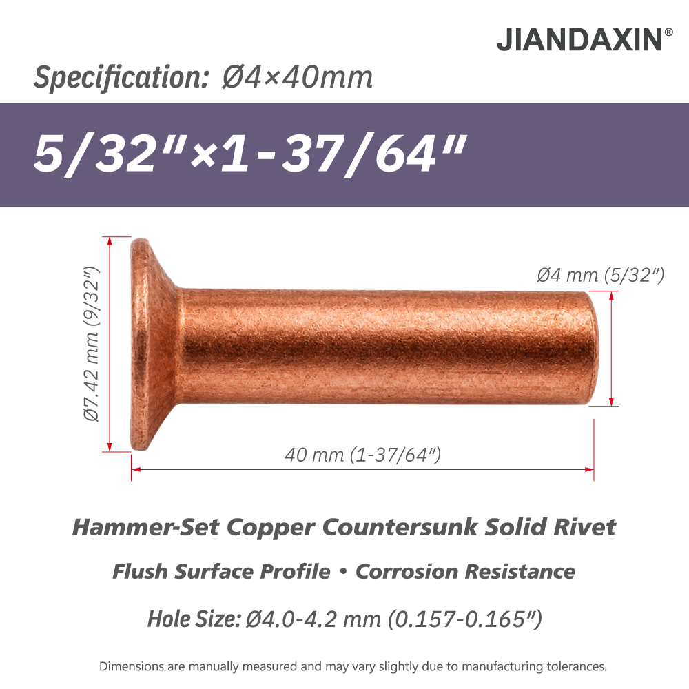 Pure Copper Countersunk Solid Rivets – Hammer-Set