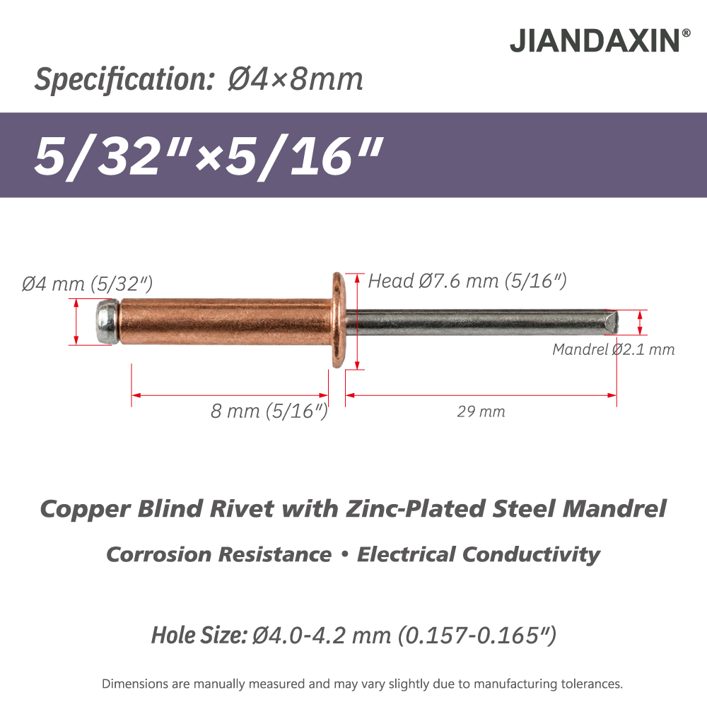 Copper Blind Rivets with Zinc-Plated Steel Mandrel, Open-End Dome Head
