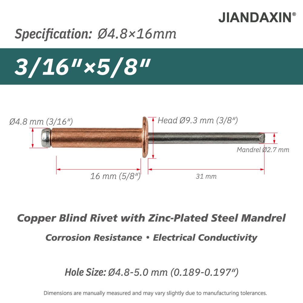Copper Blind Rivets with Zinc-Plated Steel Mandrel, Open-End Dome Head