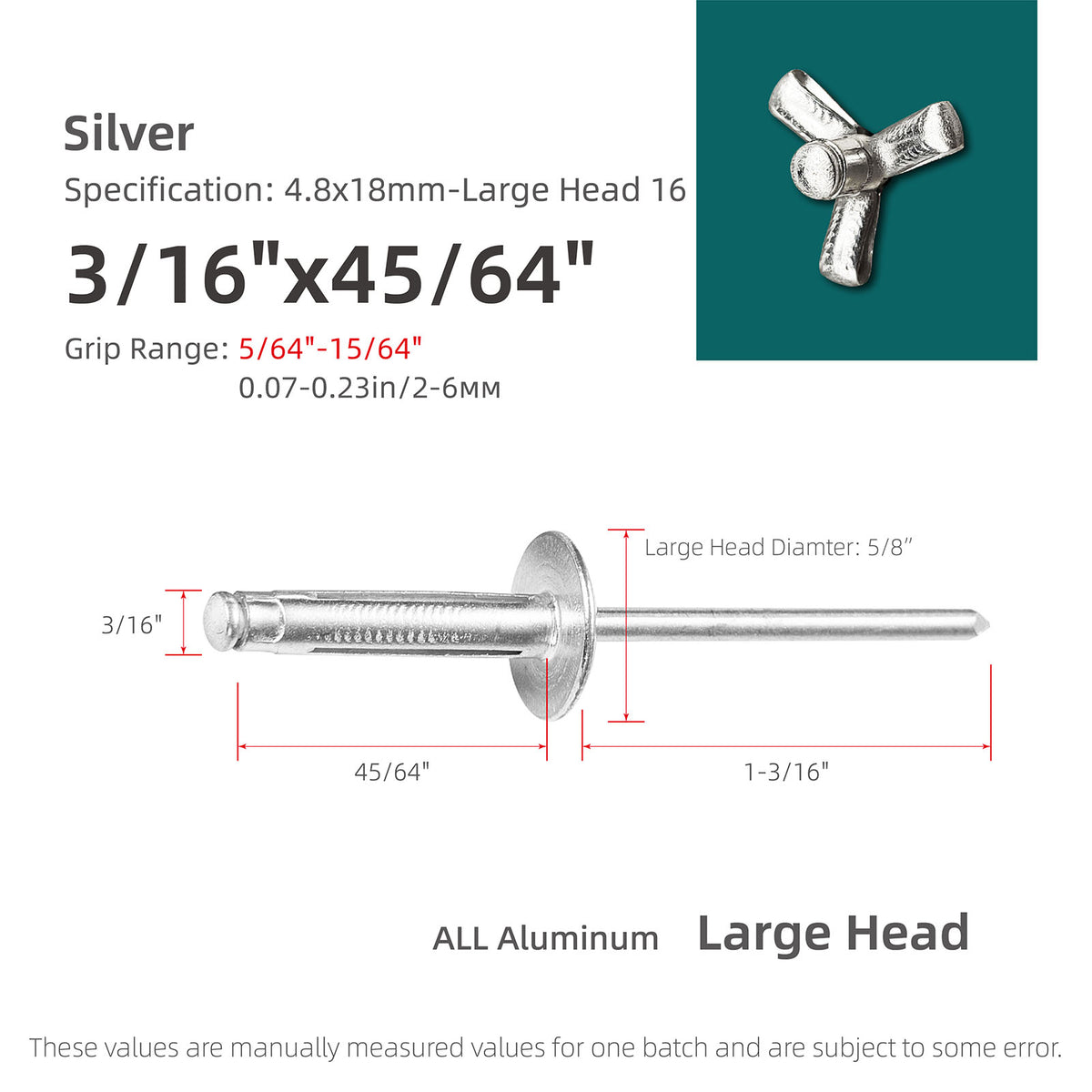 Tri-Fold Large-Head Aluminum Blind Rivets, Large-Flange Exploding Pop Rivets for Automotive Panels, Plastic and Soft Materials