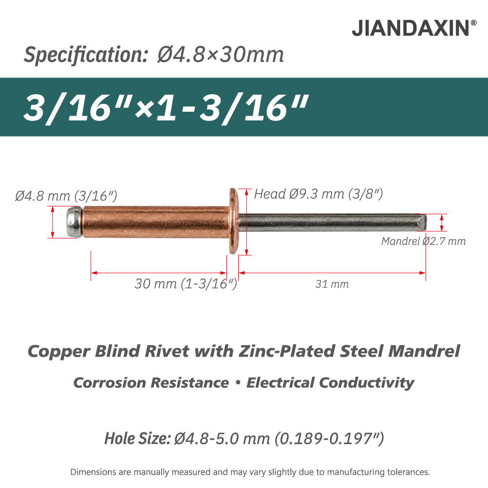 Copper Blind Rivets with Zinc-Plated Steel Mandrel, Open-End Dome Head