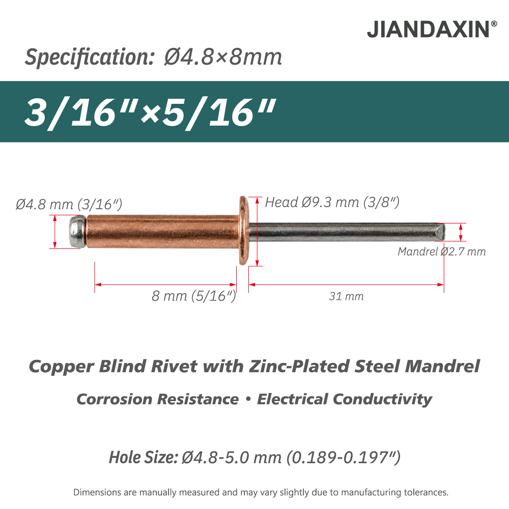 Copper Blind Rivets with Zinc-Plated Steel Mandrel, Open-End Dome Head