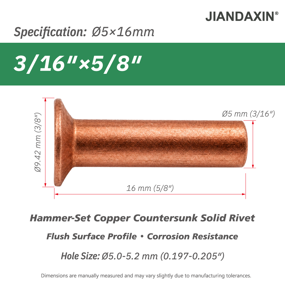 Pure Copper Countersunk Solid Rivets – Hammer-Set