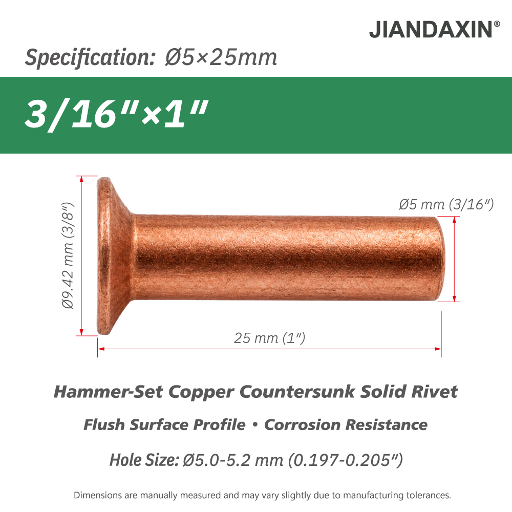 Pure Copper Countersunk Solid Rivets – Hammer-Set
