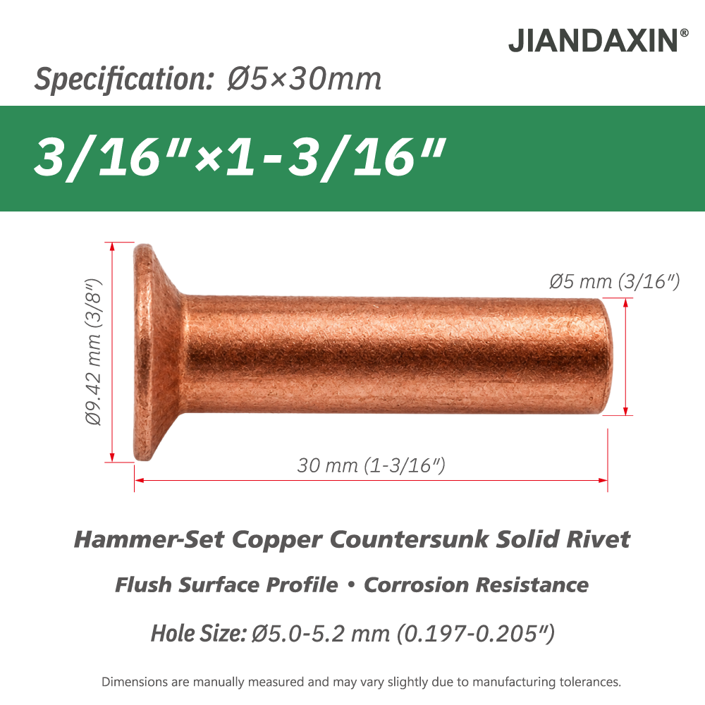 Pure Copper Countersunk Solid Rivets – Hammer-Set