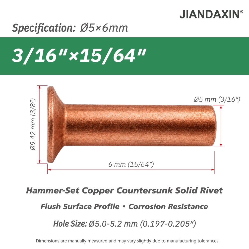 Pure Copper Countersunk Solid Rivets – Hammer-Set