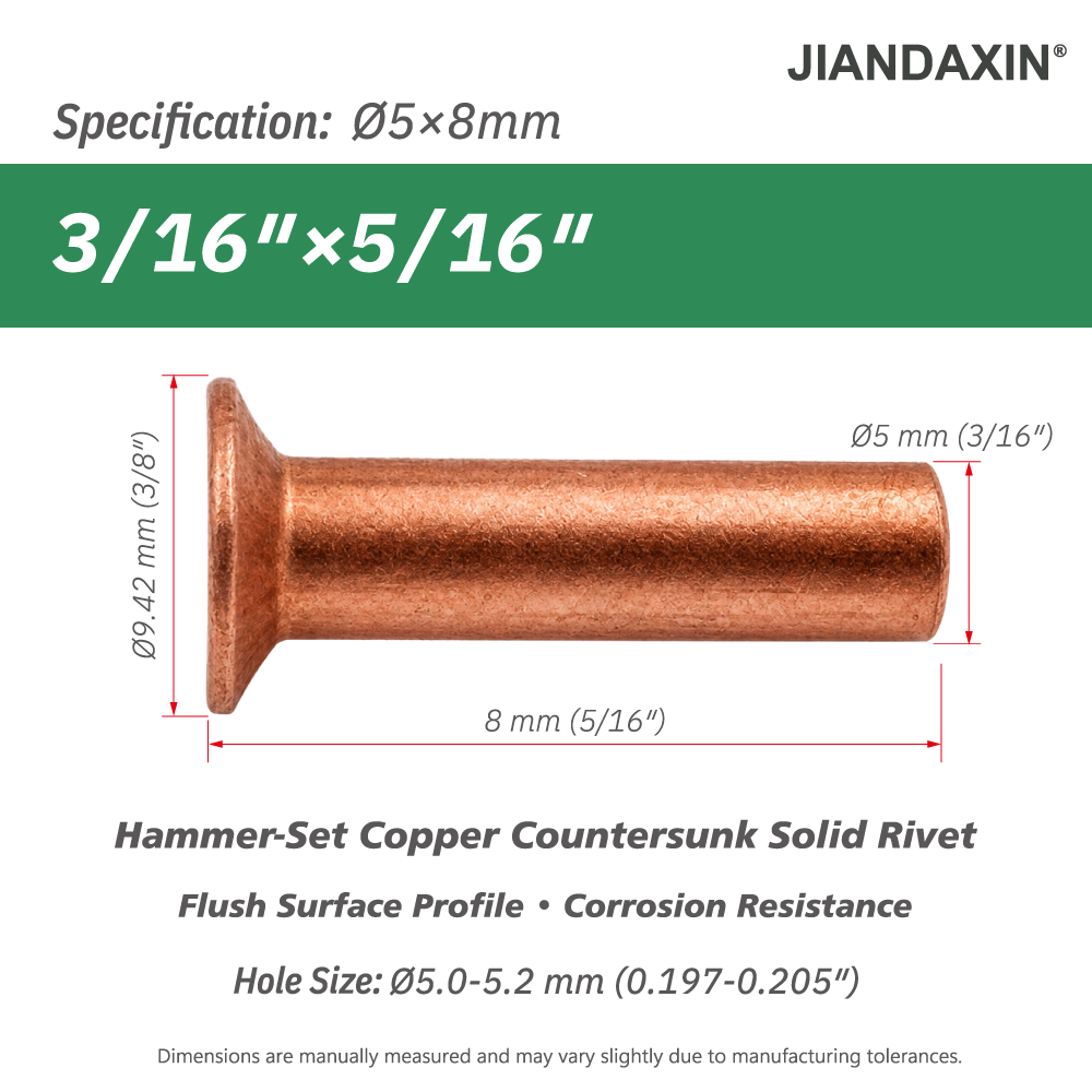 Pure Copper Countersunk Solid Rivets – Hammer-Set