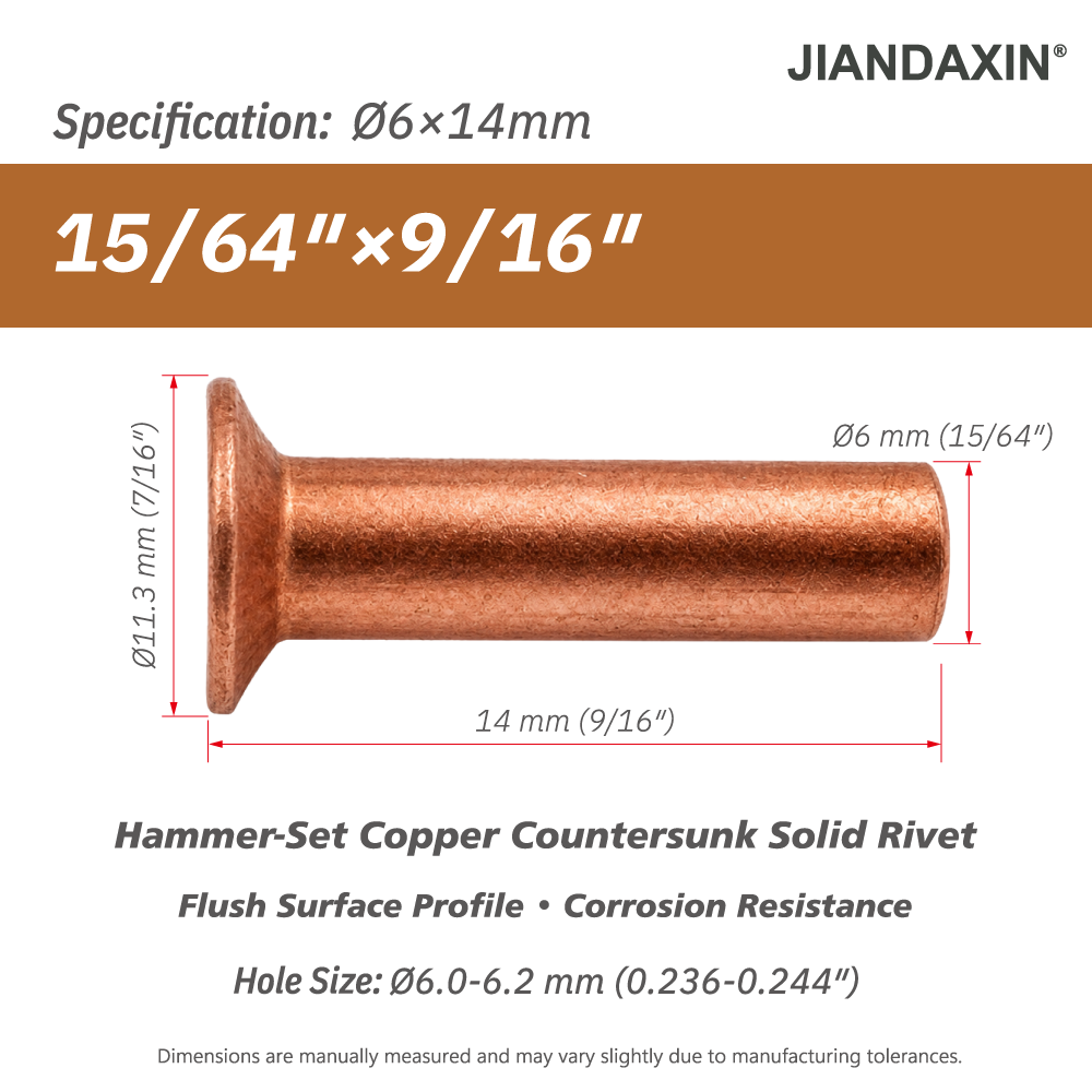 Pure Copper Countersunk Solid Rivets – Hammer-Set