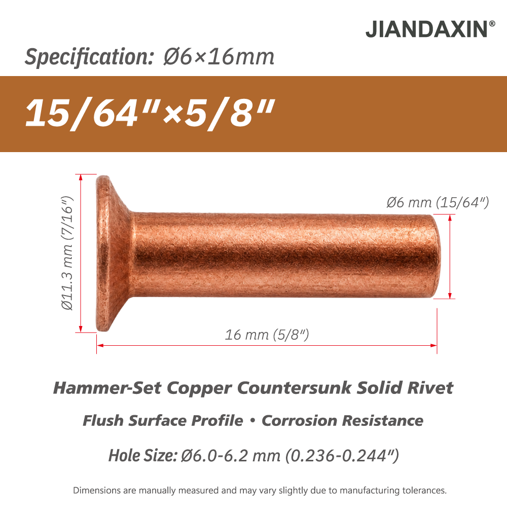 Pure Copper Countersunk Solid Rivets – Hammer-Set
