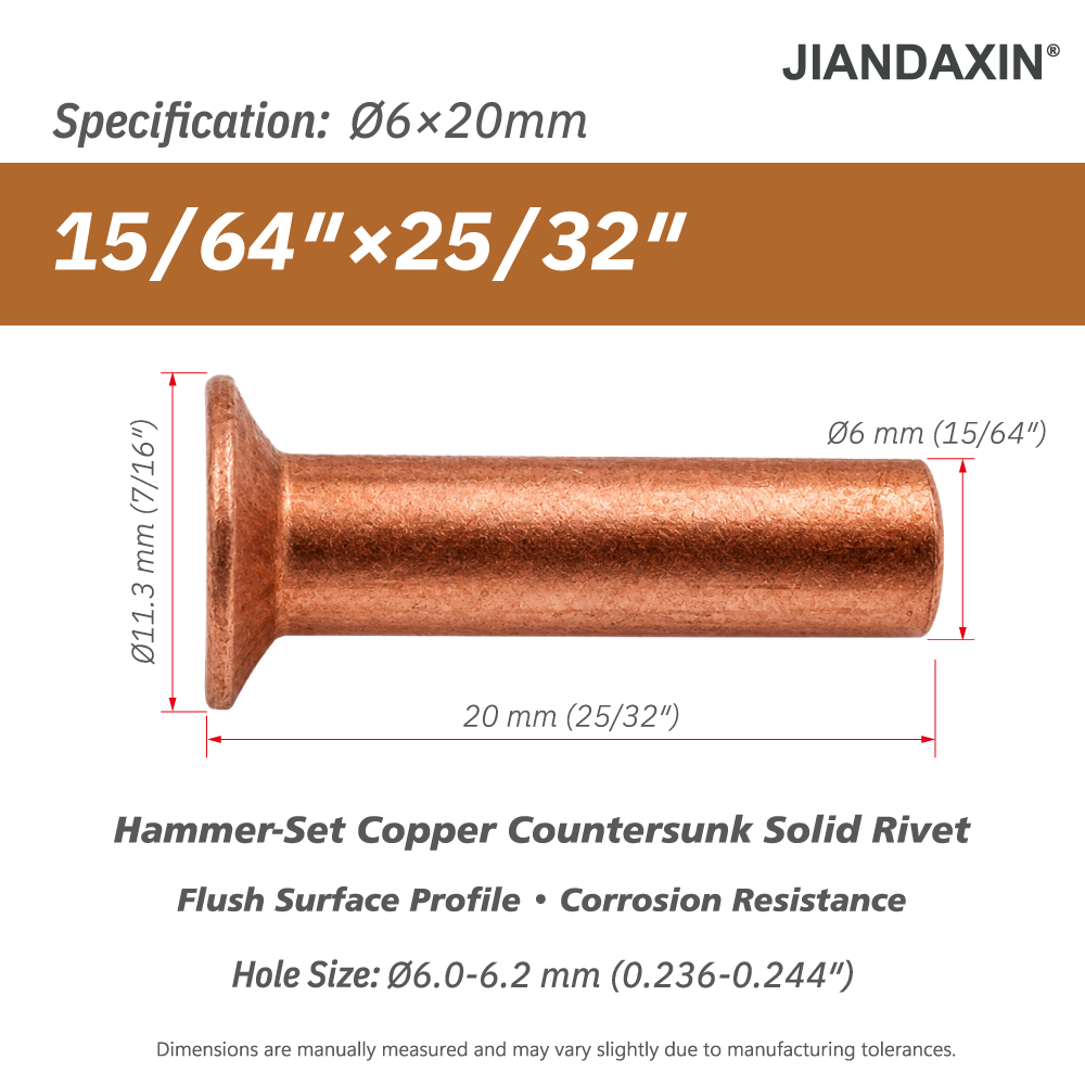 Pure Copper Countersunk Solid Rivets – Hammer-Set