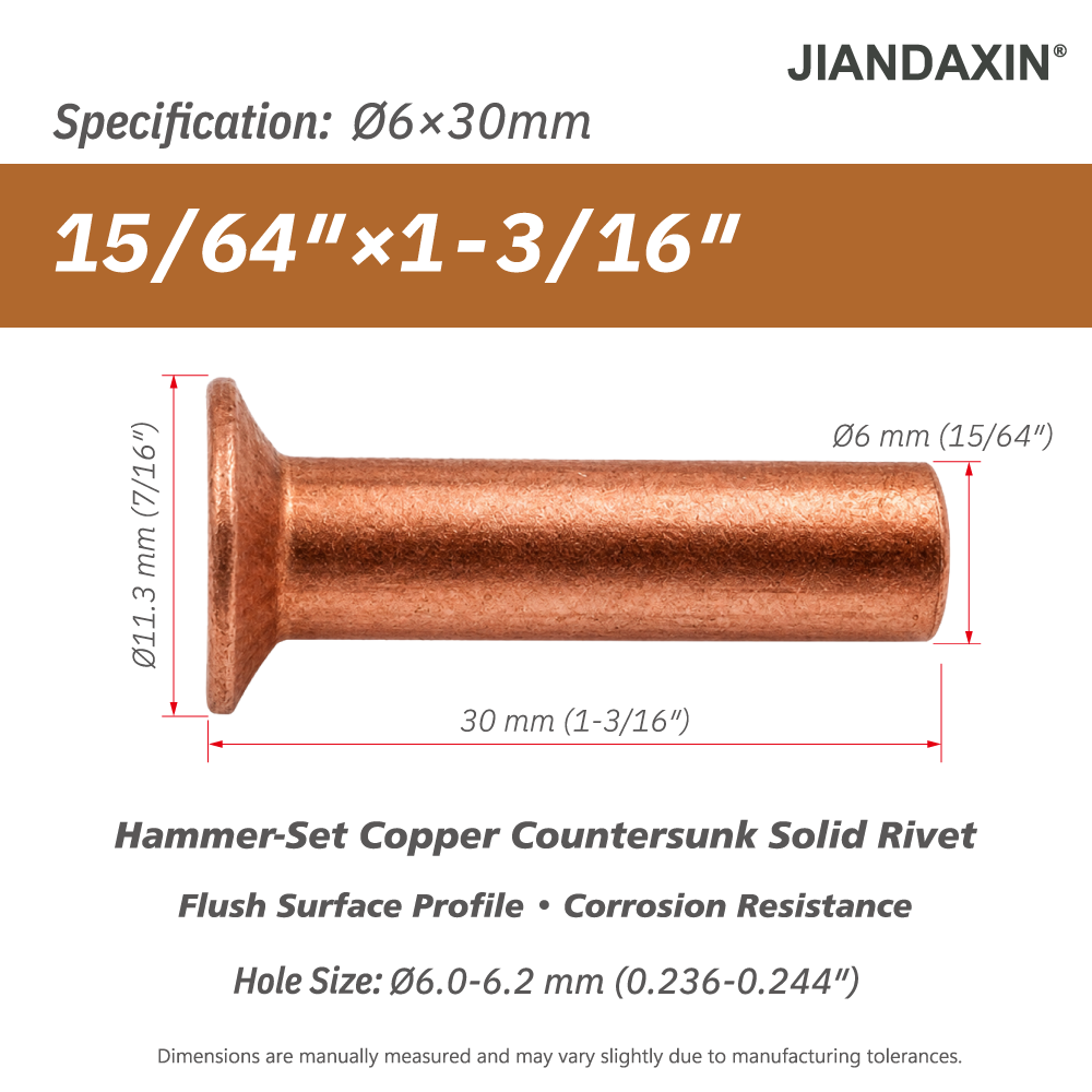 Pure Copper Countersunk Solid Rivets – Hammer-Set