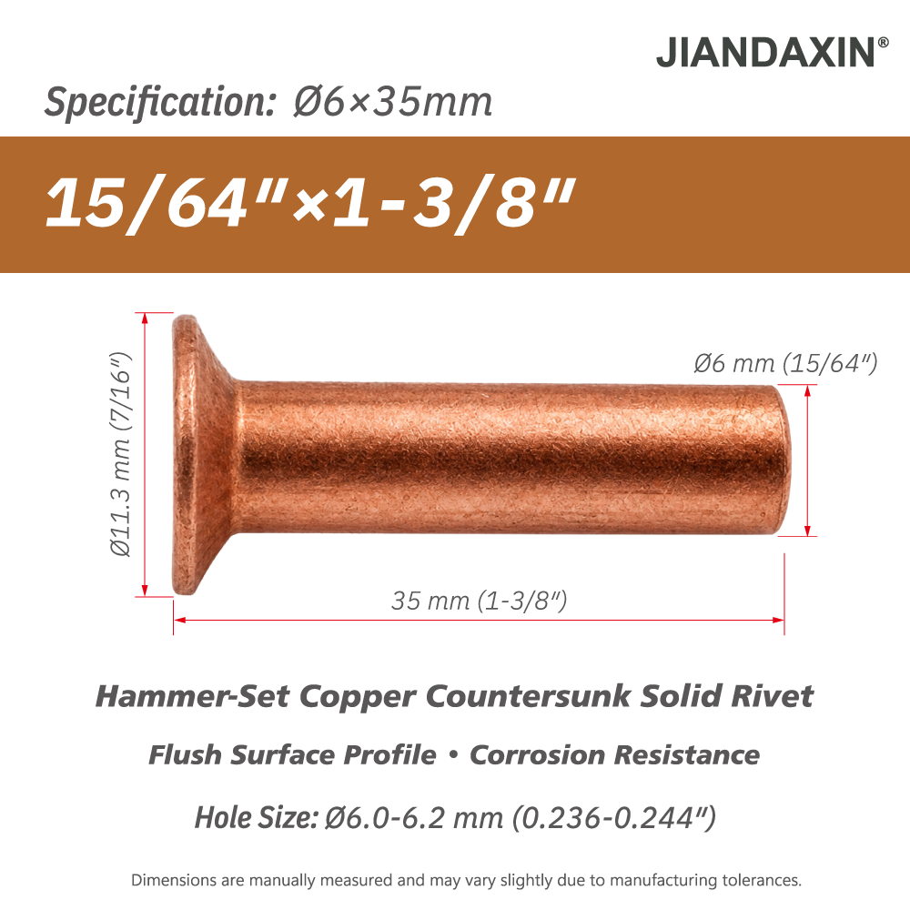 Pure Copper Countersunk Solid Rivets – Hammer-Set
