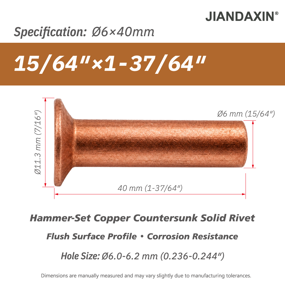 Pure Copper Countersunk Solid Rivets – Hammer-Set