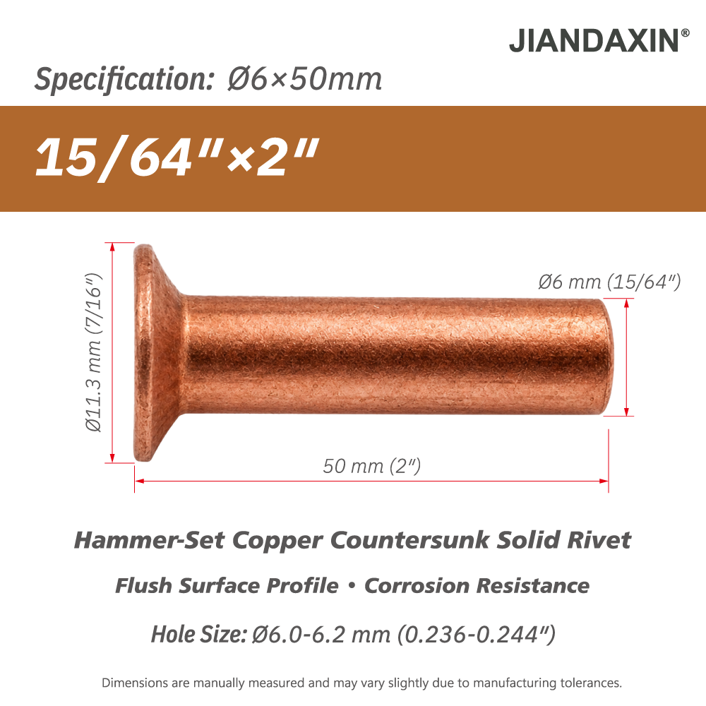 Pure Copper Countersunk Solid Rivets – Hammer-Set