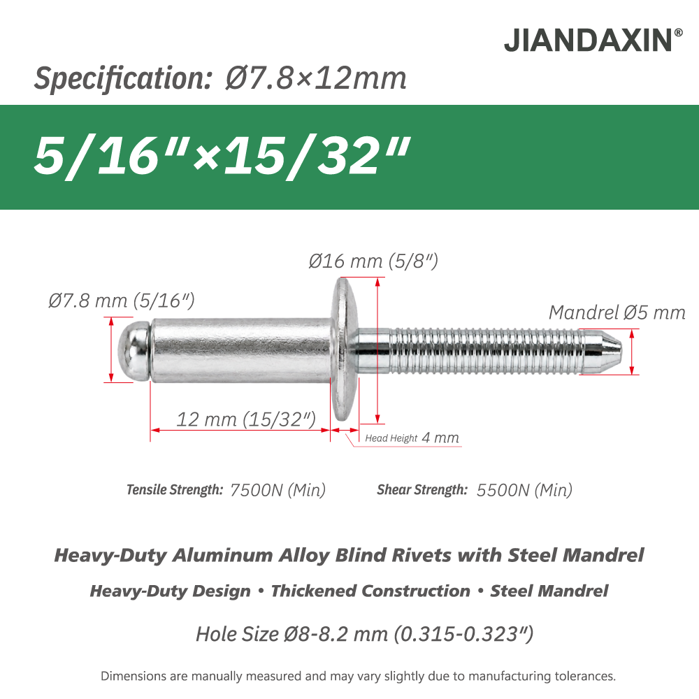 7.8 mm(5/16″) Aluminum Blind Rivets with Steel Mandrel, Heavy-Duty Pop Rivets