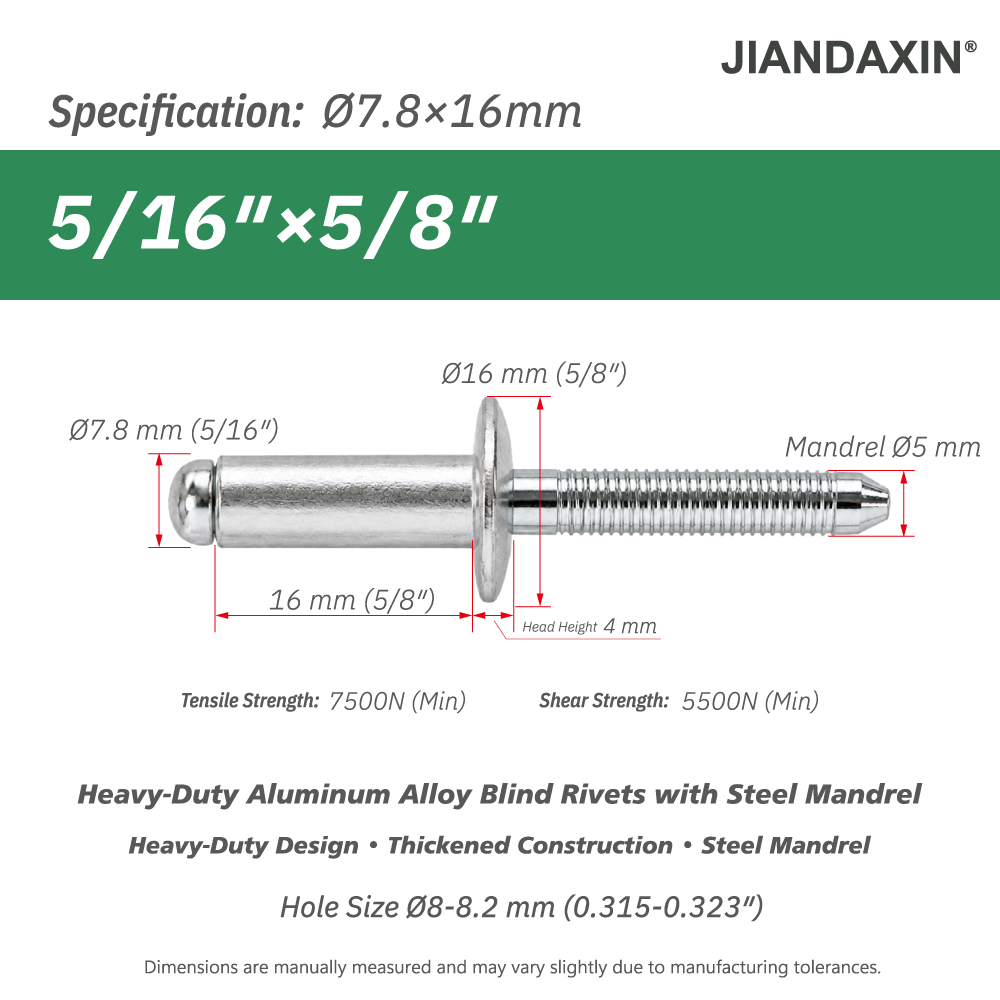 7.8 mm(5/16″) Aluminum Blind Rivets with Steel Mandrel, Heavy-Duty Pop Rivets