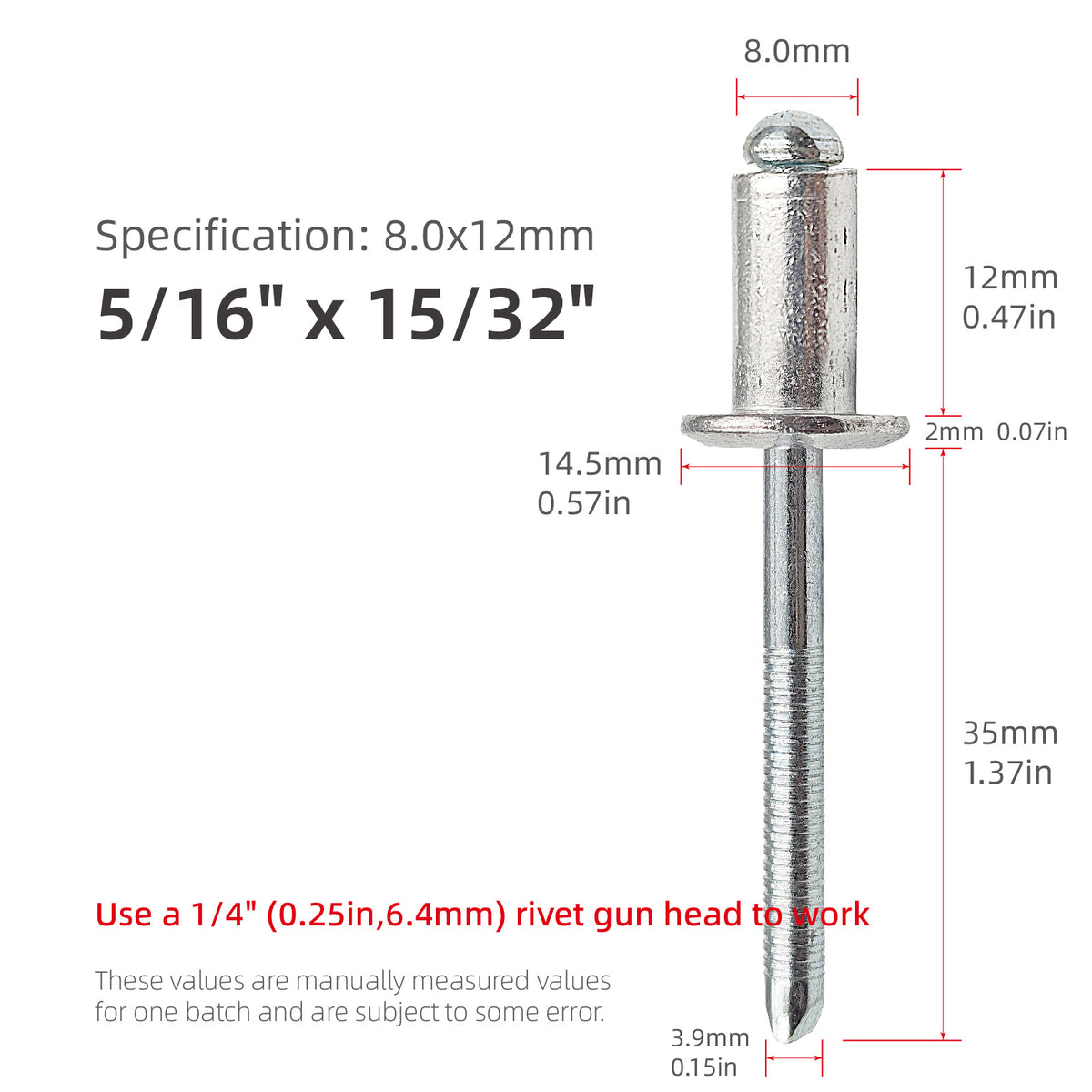 8 mm (5/16") Diameter Aluminum Blind Rivets with Steel Mandrel, Heavy-Duty Pop Rivets