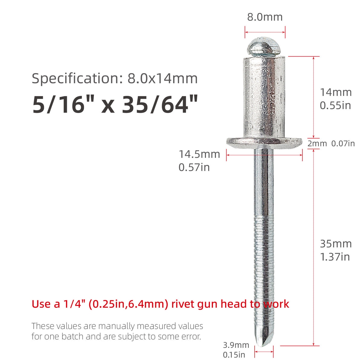8 mm (5/16") Diameter Aluminum Blind Rivets with Steel Mandrel, Heavy-Duty Pop Rivets