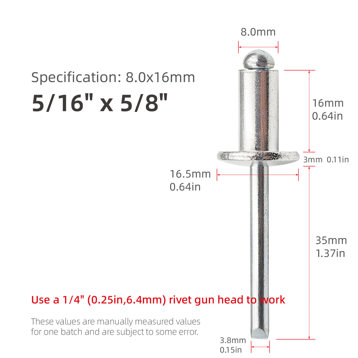 8 mm (5/16") Diameter Aluminum Blind Rivets with Steel Mandrel, Heavy-Duty Pop Rivets