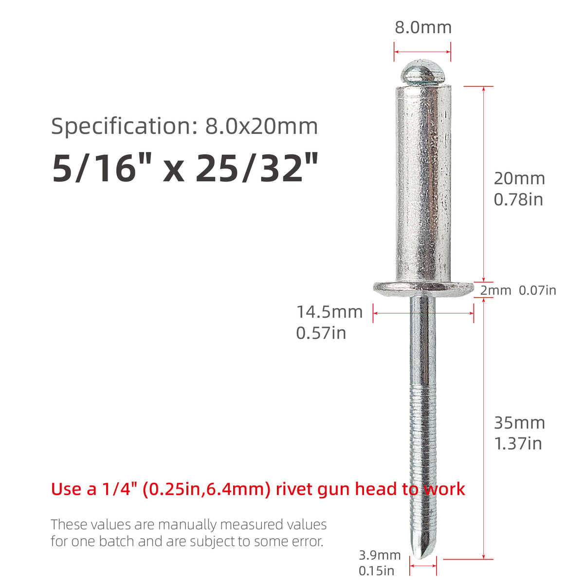 8 mm (5/16") Diameter Aluminum Blind Rivets with Steel Mandrel, Heavy-Duty Pop Rivets