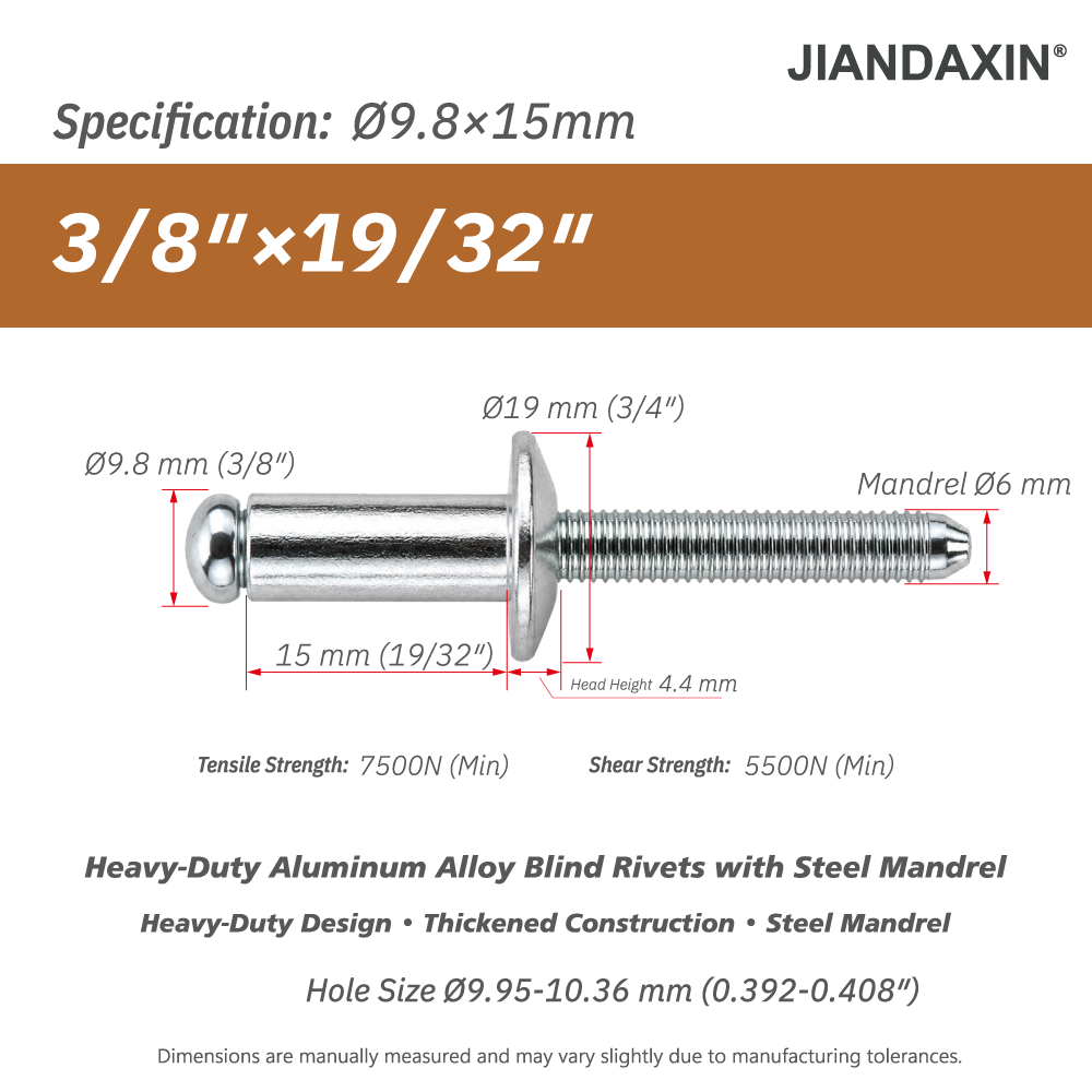 9.8 mm(3/8″) Aluminum Blind Rivets with Steel Mandrel, Heavy-Duty Pop Rivets