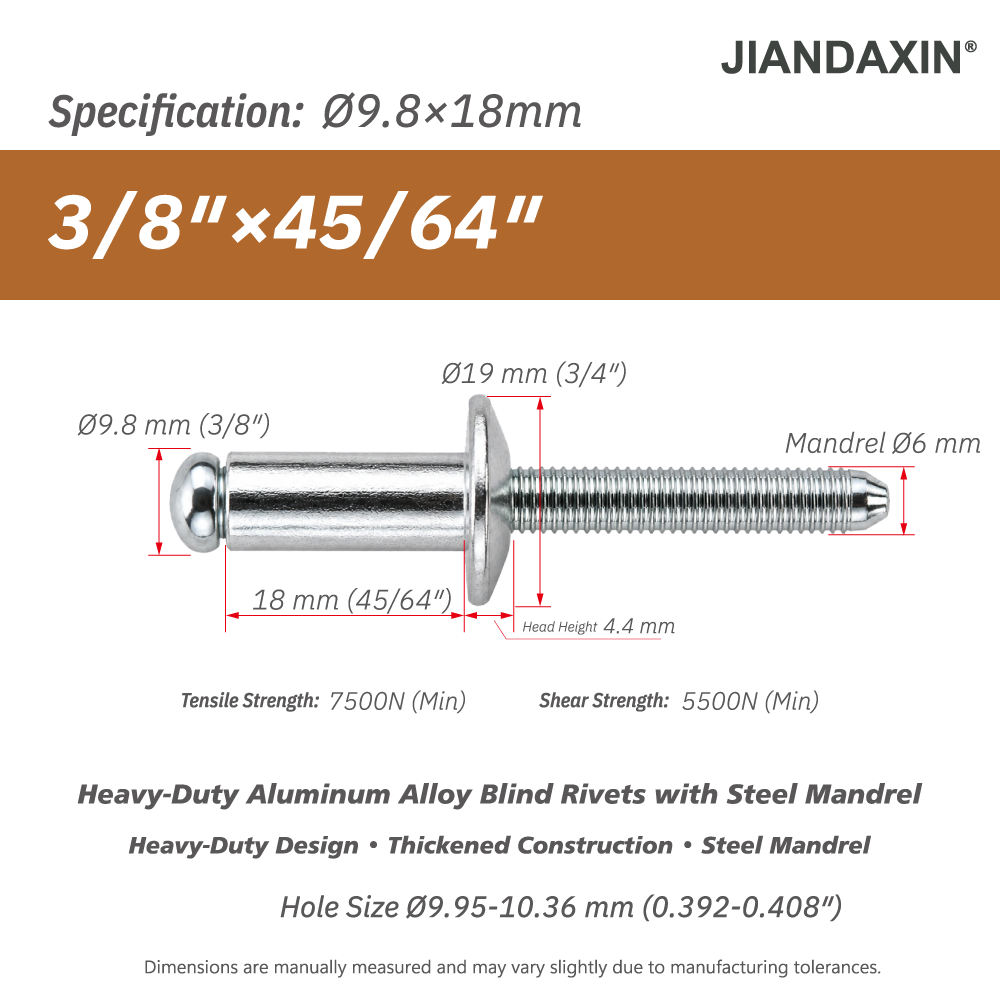 9.8 mm(3/8″) Aluminum Blind Rivets with Steel Mandrel, Heavy-Duty Pop Rivets