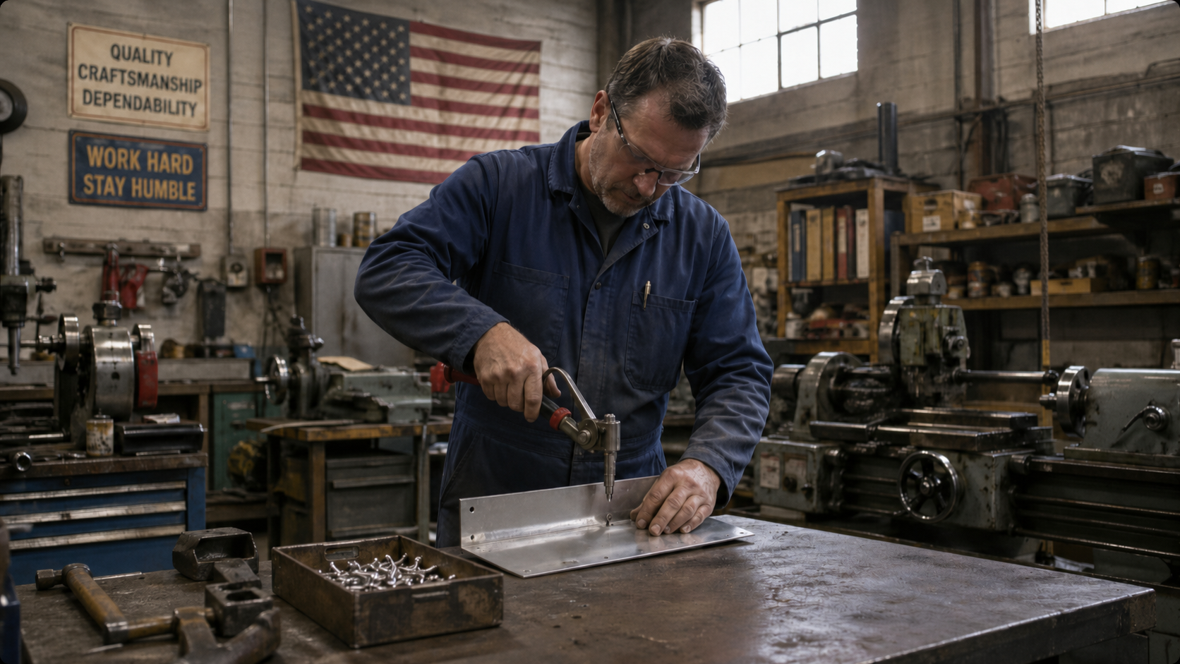 A technician using a hand rivet tool to install blind rivets on a metal panel in a workshop