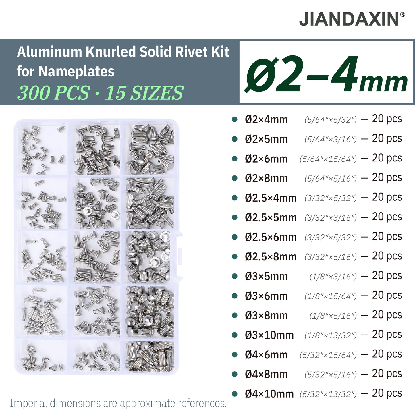 Knurled Solid Rivet Kit for Nameplates (M2–M4)