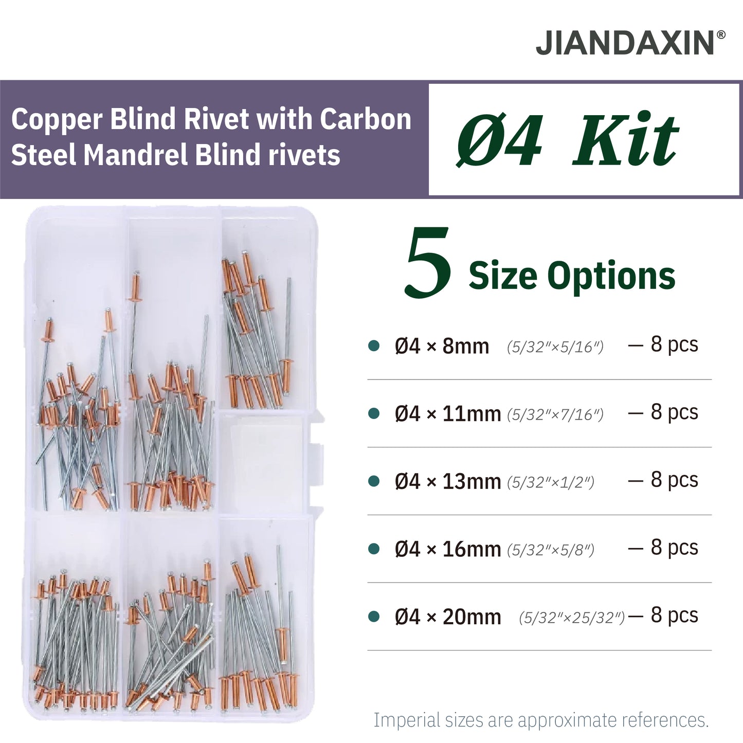 Copper Blind Rivet Assortment Kit with Zinc-Plated Steel Mandrels